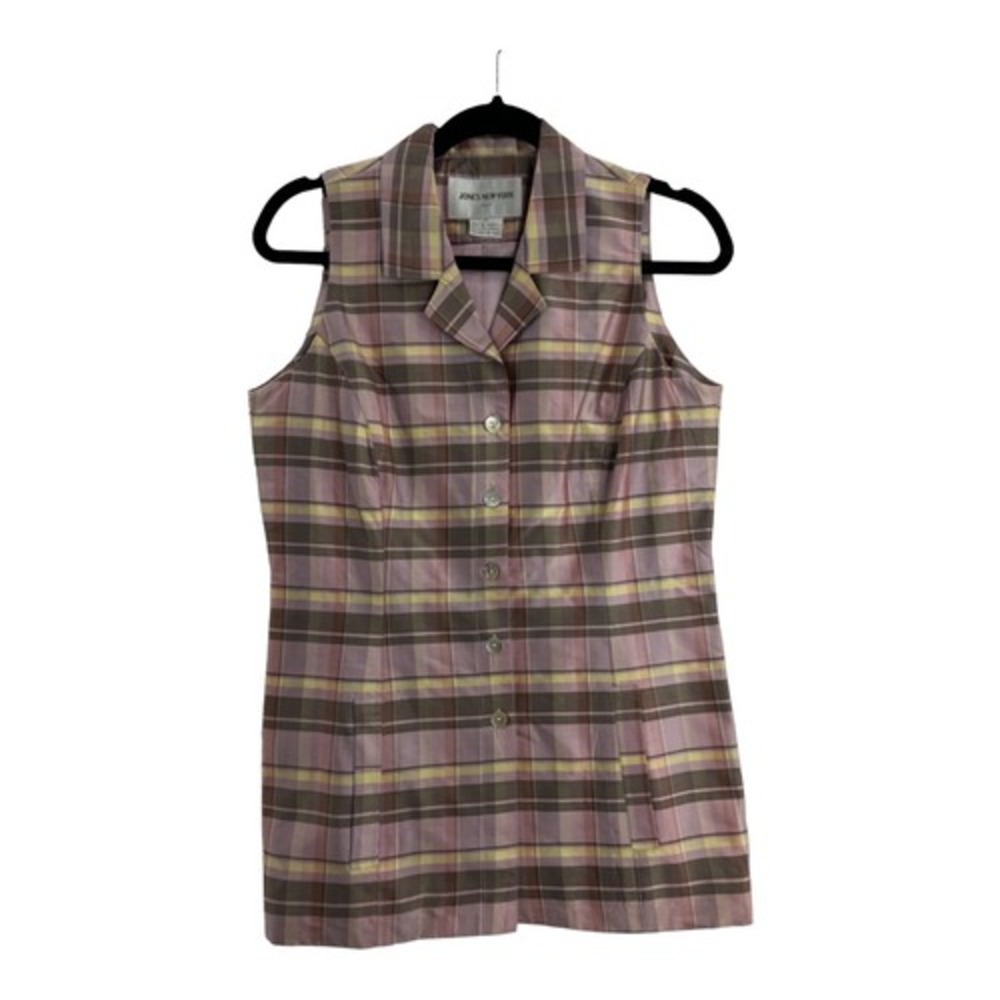 Jones New York Silk Blouse Womens 8 Pink Plaid Sleeveless Button Down Excellent
